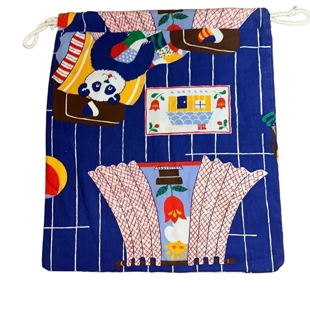 Vintage handmade drawstring bag for gym, laundry, purse, tote 70’s fabric panda